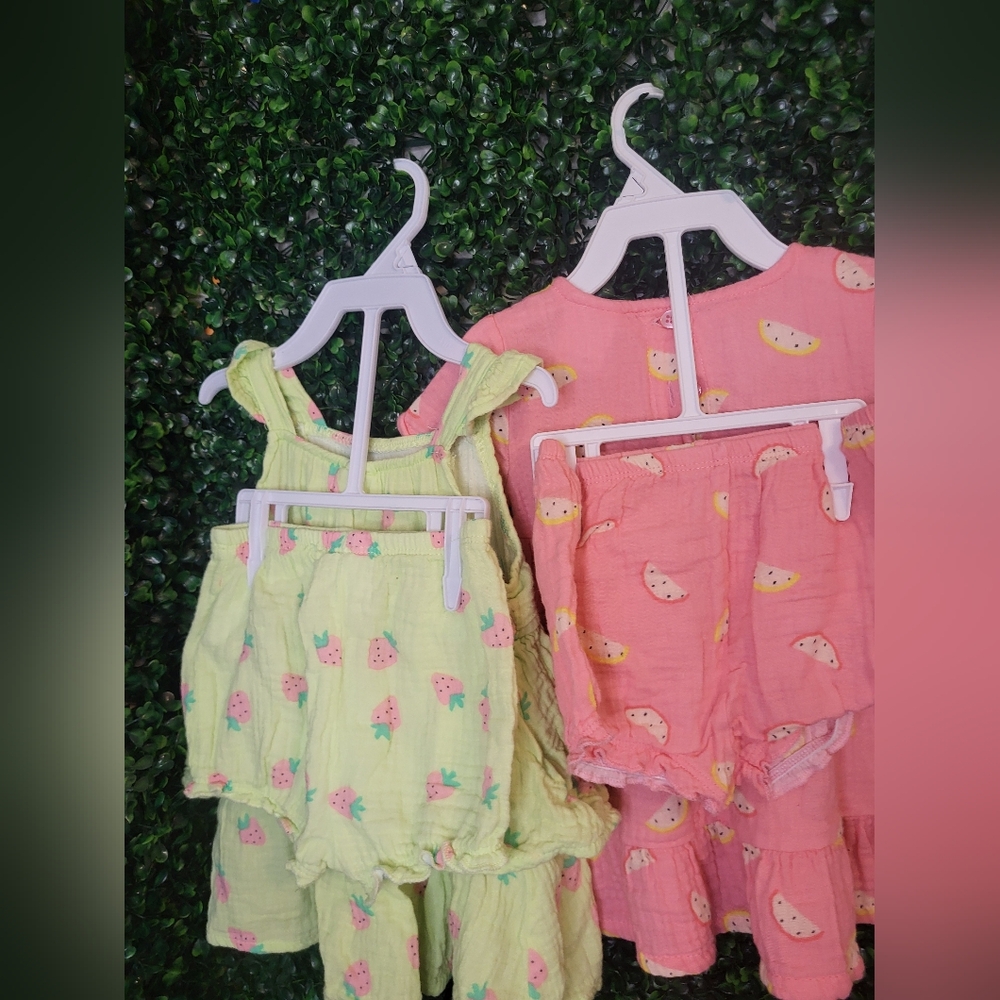 Pink and Green Fruit Print Baby Rompers (2 Sets) - Picture 2 of 3